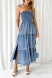 Gradual Change Strapless Sleeveless Pocket Side Slit Ruffle Tiered Hem Vacation A Line Tube Denim Maxi Dresses