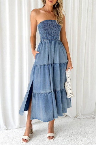 Gradual Change Strapless Sleeveless Pocket Side Slit Ruffle Tiered Hem Vacation A Line Tube Denim Maxi Dresses