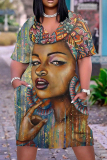 Casual Figure Print Basic V Neck Short Sleeve Pockets Plus Size T-shirt Midi Dresses