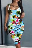 Casual Floral Print Sleeveless U Neck Vest Bodycon Midi Tank Dresses