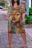 Casual Figure Print Basic V Neck Short Sleeve Pockets Plus Size T-shirt Midi Dresses