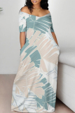 Leaf Print Off Shoulder Short Sleeve Pocket Floor Length Vacation Loose Straight Maxi Dress