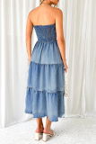 Gradual Change Strapless Sleeveless Pocket Side Slit Ruffle Tiered Hem Vacation A Line Tube Denim Maxi Dresses