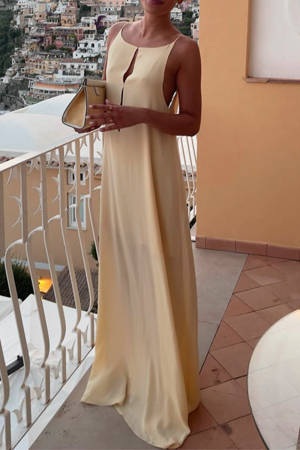 Sleeveless Backless O Neck Hollow Out Loose Vacation A Line Linen Maxi Slip Dress