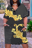 Casual Graphics Print V Neck Short Sleeve Pockets Plus Size T-shirt Midi Dresses