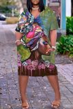 Casual Figure Print Basic V Neck Short Sleeve Pockets Plus Size T-shirt Midi Dresses