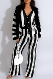 Casual Stripe Print  Turndown Collar Long Sleeve Blouse And Straight Leg Pants Vacation Two Pieces Trouser Sets