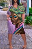 Casual Figure Print Basic V Neck Short Sleeve Pockets Plus Size T-shirt Midi Dresses