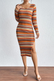 Yellow Geometric Print Round Neck Long Sleeve Side Slit Pencil Skirt Fall Winter Bodycon Stripe Midi Knit Dress