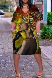 Casual Figure Print Basic V Neck Short Sleeve Pockets Plus Size T-shirt Midi Dresses