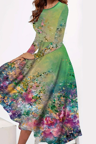 Ombre Floral Print O Neck Long Sleeve Cinch Wiast Vacation Plus Size A Line Midi Swing Dresses