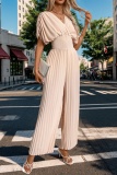 Ruched V Neck Half Sleeve Formal Office Lady Vacation Palazzo Pants Pleated Wide Leg Jumpsuits