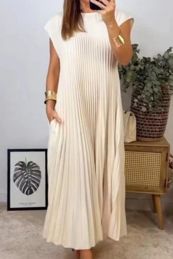 Casual Short Sleeve O Neck Long Vacation Loose Pleated Maxi T-shirt Dresses