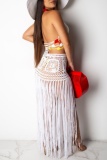 Sleeveless Backless See-Through Belted Kniited Halter Crop Tops And Fringed Trim Skirt Vacation Beach Two Pieces Dress Sets
