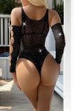 Sexy Hot Drill Sequins Hollow Out See-Through Bodycon One Pieces Lingerie (With Sleeves)