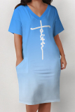 Ombre Letter Print Short Sleeve V Neck Plus Size Pockets Loose T Shirt Midi Dresses