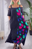 Casual Geometric Print Pocket Off Shoulder Short Sleeve Loose Vacation A Line Maxi Dress