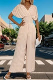 Ruched V Neck Half Sleeve Formal Office Lady Vacation Palazzo Pants Pleated Wide Leg Jumpsuits