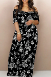 Sexy Floral Print Off Shoulder Short Sleeve Floor Length Pocket Vacation Loose T-Shirt Dresses