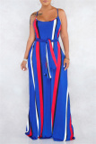 Sexy Rainbow Color Striped Print Backless Sleeveless Spaghetti Strap Vacation Long Loose Maxi Slip Dresses