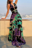 Sexy Tie Dye Print Cross Straps  V Neck Sleeveless Halter Crossover Cinch Waist Vacation A Line Maxi Swing Dresses