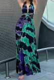 Sexy Tie Dye Print Cross Straps  V Neck Sleeveless Halter Crossover Cinch Waist Vacation A Line Maxi Swing Dresses