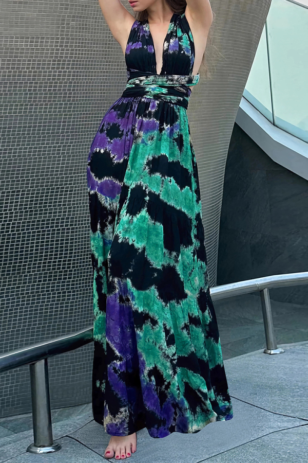 Sexy Tie Dye Print Cross Straps  V Neck Sleeveless Halter Crossover Cinch Waist Vacation A Line Maxi Swing Dresses