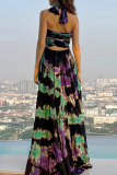 Sexy Tie Dye Print Cross Straps  V Neck Sleeveless Halter Crossover Cinch Waist Vacation A Line Maxi Swing Dresses