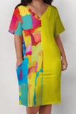 Ombre Letter Print Short Sleeve V Neck Plus Size Pockets Loose T Shirt Midi Dresses