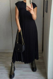 Casual Short Sleeve O Neck Long Vacation Loose Pleated Maxi T-shirt Dresses