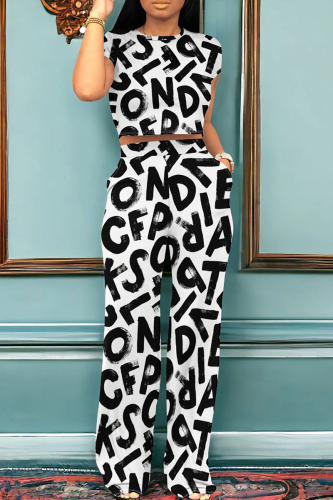 Casual O Neck Short Sleeve Crop T Shirt And Graphics Pocket Hight Waist Straight Pants Two Pieces Trousers Set