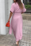 Casual Turndown Collar Short Sleeve With Belt Irregular Hem Vacation Ruched Linen Midi Shirt Dress