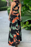 Sexy Tie Dye Print Cross Straps  V Neck Sleeveless Halter Crossover Cinch Waist Vacation A Line Maxi Swing Dresses