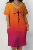 Ombre Letter Print Short Sleeve V Neck Plus Size Pockets Loose T Shirt Midi Dresses