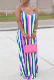 Sexy Rainbow Color Striped Print Backless Sleeveless Spaghetti Strap Vacation Long Loose Maxi Slip Dresses