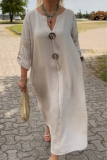 V Neck Long Sleeve Buttons Floor Length Loose Vacation A Line Linen Shirt Dress