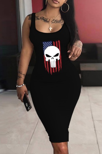 Casual Skull Head Print Sleeveless U Neck Vest Bodycon Midi Tank Dresses