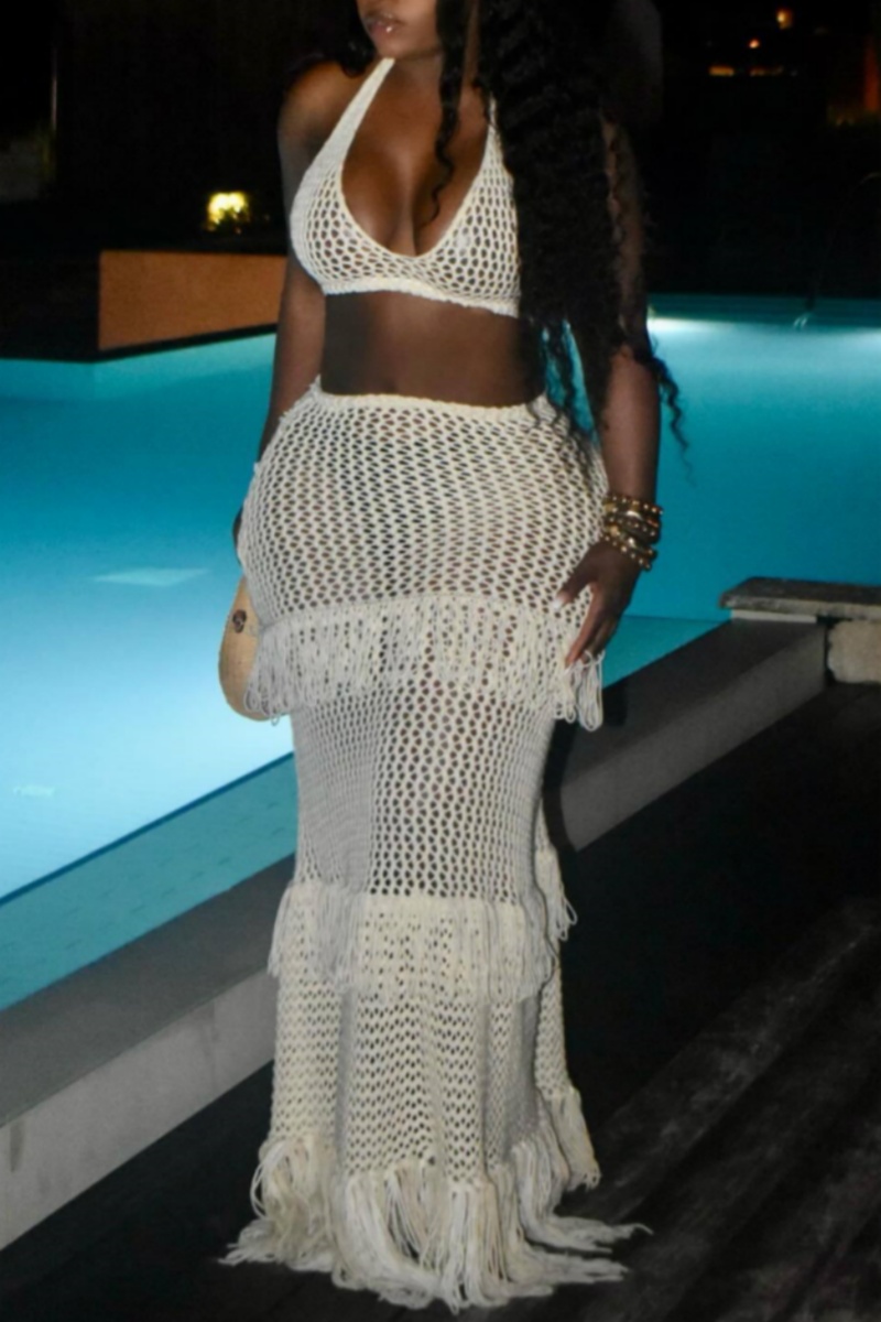 Off shoulder lace backless see through maxi skirt set