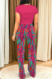 Casual O Neck Short Sleeve Crop T Shirt And Graphics Pocket Hight Waist Straight Pants Two Pieces Trousers Set
