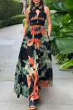 Sexy Tie Dye Print Cross Straps  V Neck Sleeveless Halter Crossover Cinch Waist Vacation A Line Maxi Swing Dresses