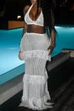 Sexy Backless Sleeveless Knitted Halter Crop And Fringed Layered Trim Maxi Skirt Hollow Out See-Through Vacation Two Pieces Dress Sets