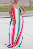 Sexy Rainbow Color Striped Print Backless Sleeveless Spaghetti Strap Vacation Long Loose Maxi Slip Dresses