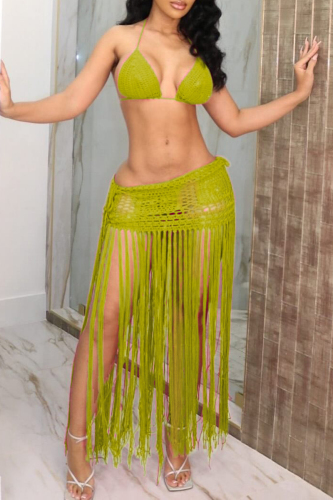 Sleeveless Backles Crochet Halter Bra and Fringed Maxi Skirt Vacation  Beach Two Pieces Dress Sets