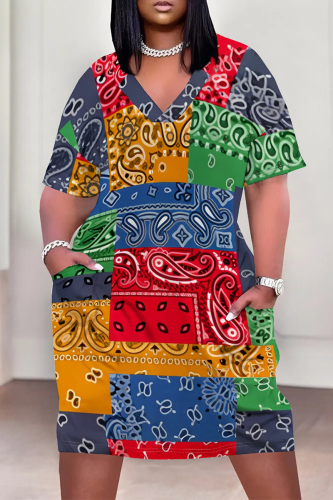 Casual Boho National Totem Print Pocket V Neck Pockets Loose Plus Size T-shirt Midi Dresses