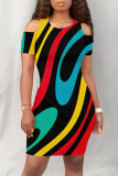 Casual Geometric Print Short Sleeve O Neck Cold Shoulder Bodycon Midi Dresses