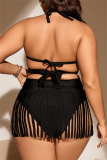 Sexy Backless Sleeveless Halter Bra And Fringed Trim Mini Shorts Bikini Set Vacation Beach Plus Size Swimwear Three Piece Swimsuit Set