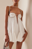 Rhinestone Decor Square Neck Sleeveless Ruffle Hem Formal Party Evening Pleated Mini Slip Dresses