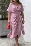 Casual Turndown Collar Short Sleeve With Belt Irregular Hem Vacation Ruched Linen Midi Shirt Dress