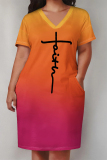 Ombre Letter Print Short Sleeve V Neck Plus Size Pockets Loose T Shirt Midi Dresses