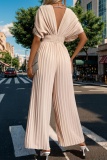 Ruched V Neck Half Sleeve Formal Office Lady Vacation Palazzo Pants Pleated Wide Leg Jumpsuits